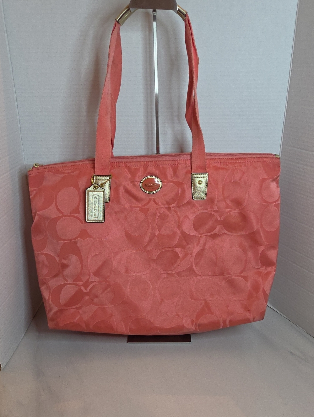 Coach Coral Signature Nylon Tote with Gold-Tone Hardware